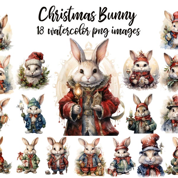 Christmas Clip Art, Christmas Bunny, Christmas bunny PNG, Xmas bunny, Watercolor bunny, Xmas bunny image, printable art Buy 2 get 1 FREE