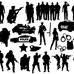 May include: Silhouettes of police officers, police cars, motorcycles, and other law enforcement equipment. The image includes handcuffs, a police badge, and a bulletproof vest.
