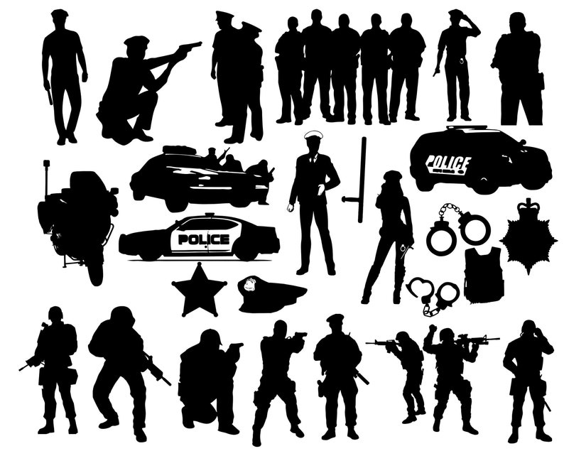 May include: Silhouettes of police officers, police cars, motorcycles, and other law enforcement equipment. The image includes handcuffs, a police badge, and a bulletproof vest.