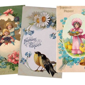 May include: Three vintage Easter postcards with floral borders and greetings. The first card features three children in an eggshell with blue forget-me-nots and pink flowers. The second card has a white daisy and blue forget-me-nots with the text "Heureuses P&acirc;ques." The third card has a girl in a pink dress holding a basket of Easter eggs with two yellow chicks and the text "Joyeuses P&acirc;ques!"