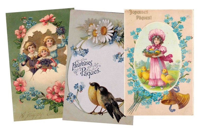May include: Three vintage Easter postcards with floral borders and greetings. The first card features three children in an eggshell with blue forget-me-nots and pink flowers. The second card has a white daisy and blue forget-me-nots with the text "Heureuses P&acirc;ques." The third card has a girl in a pink dress holding a basket of Easter eggs with two yellow chicks and the text "Joyeuses P&acirc;ques!"