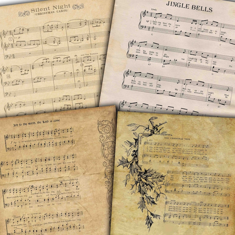 CHRISTMAS SONGS, 14 vintage papers, holidays music, old sheet music, Christmas Carols, vintage christmas, Christmas Music Buy 2 Get 1 FREE image 2