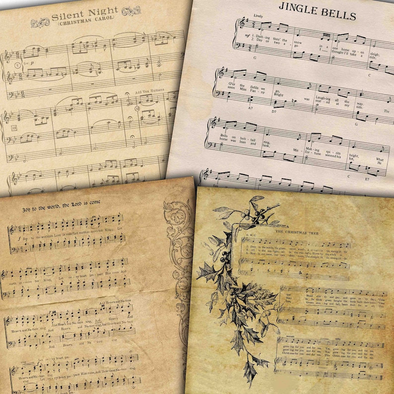 May include: Four vintage sheet music pages with lyrics and musical notes for the Christmas carols 'Silent Night', 'Jingle Bells', 'Joy to the World', and 'The Christmas Tree'. The pages are printed on aged paper with a cream background and brown ink. The pages are decorated with a floral design in the corner of the 'The Christmas Tree' page.