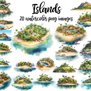 Clipart de ilha, aquarela de ilha, clipart de conjunto de ilha, clipart de praia, ilustração de ilha, pôster de ilha, arte para impressão Compre 2 e ganhe 1 GRÁTIS