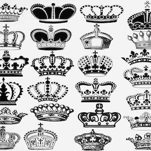 May include: A collection of 24 black and white crown illustrations. The crowns are in various styles, some with jewels, some with crosses, and some with floral designs.