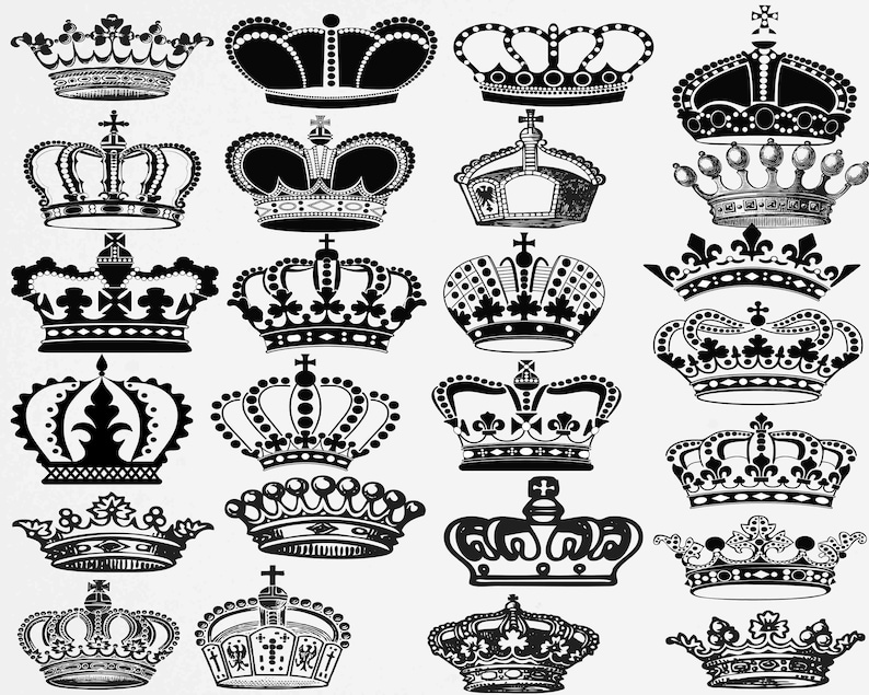 May include: A collection of 24 black and white crown illustrations. The crowns are in various styles, some with jewels, some with crosses, and some with floral designs.