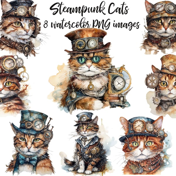 Steampunk cat clipart, Watercolor clipart, Steampunk cat PNG, Vintage cat, Junk journal cat, Steampunk cat image Buy 2 Get 1 FREE