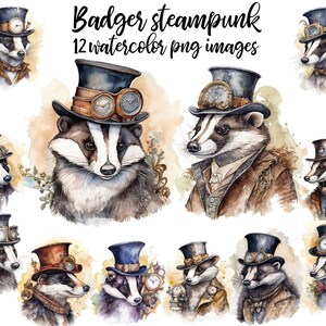 Steampunk Badger, Watercolor clipart, Steampunk badger PNG, Badger clipart, Junk journal animal, Watercolor badger Buy 2 Get 1 FREE
