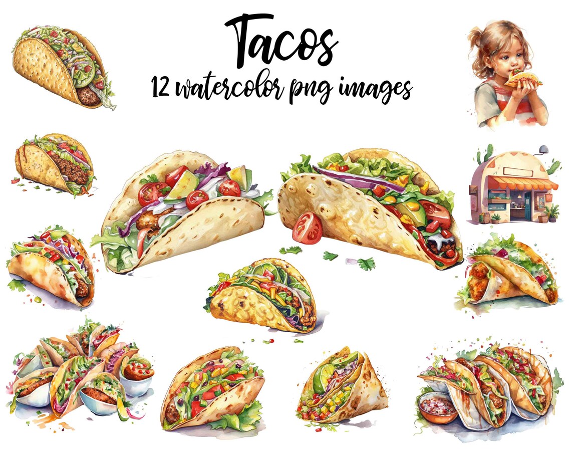 Tacos Watercolor Clipart Set: Food Illustrations (PNG Digital Download ...