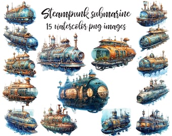 Steampunk submarine, Watercolor clipart, Submarine PNG, Steampunk PNG, Submarine image, Submarine clipart, Printable art Buy 2 Get 1 FREE