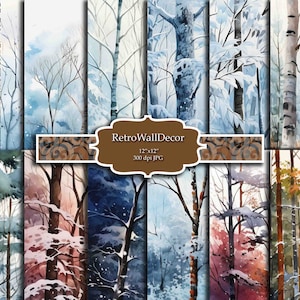 Winterbospapier, Bospapier, Winterpapier, Bosachtergrond, Winterachtergrond, Bosillustratie, papier 12x12 Koop 2 Krijg 1 GRATIS
