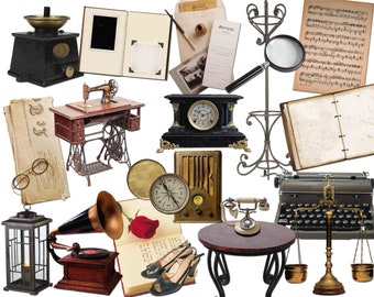 Vintage Furniture Clipart: Antique Camera, Radio, Sewing Machine (Printable Art)