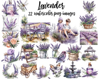 May include: A set of 22 watercolor PNG images featuring lavender flowers, a rustic wooden cart, a small gazebo, a fountain, a bottle of lavender oil, a candle, a butterfly, a bird, and a bouquet of lavender flowers. The images are perfect for creating digital or printed projects.