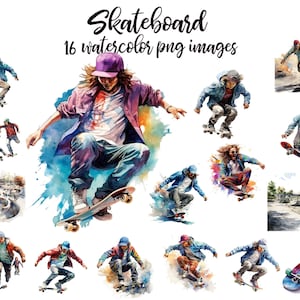 Skateboard clipart, Skater watercolor, Skateboard image, Sports watercolor, Skateboard poster, Skateboard PNG, Skateboard nursery