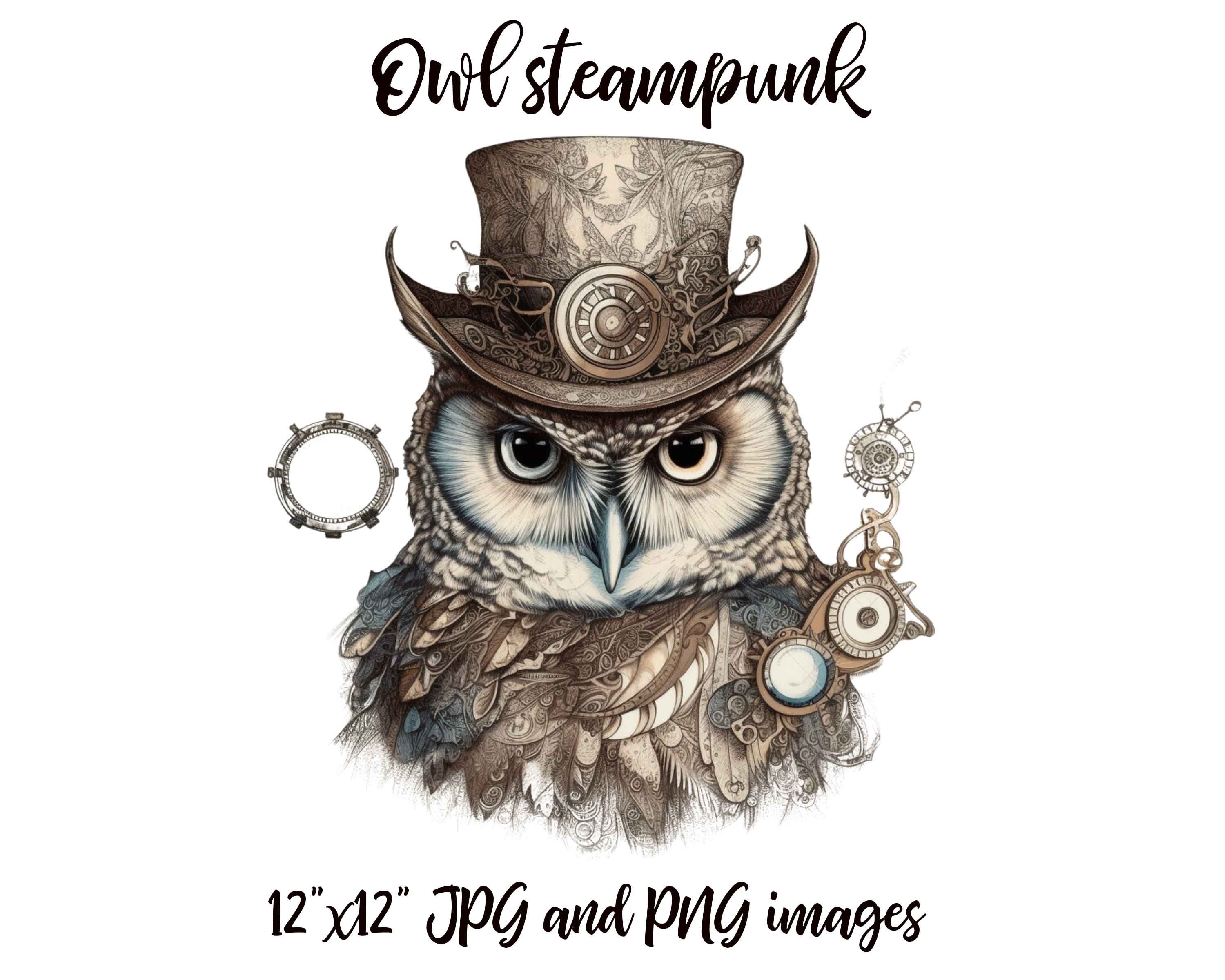 Steampunk Owl Clipart: Wild Animal PNG, JPG (Digital Download)