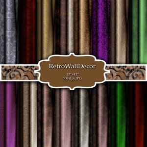 May include: A set of 24 digital paper textures in various colors and patterns, including gold, brown, purple, and green. The papers are 12 inches by 12 inches and 300 dpi. RetroWallDecor.
