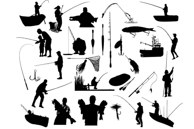 釣りのシルエット、釣りのクリップアート、釣りの SVG、漁師のシルエット、釣りの画像、釣りのカット ファイル、釣りのクリカット 2 つ買うと 1 つ無料 画像 1