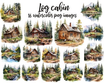 Clipart aquarel blokhut: hut in het bos, png (digitale download)