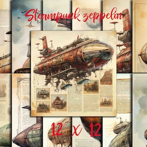 Steampunk Zeppelin, Aquarell Papier, Zeppelin Hintergrund, Zeppelin Muster, Vintage Papier, Printable Papier 12x12 Kaufen Sie 2 Get 1 FREE
