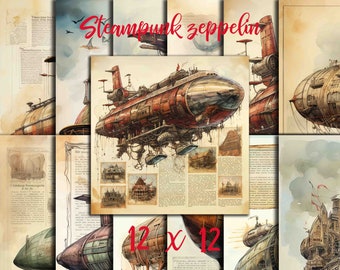 Steampunk zeppelin, Watercolor Paper, Zeppelin background, Zeppelin pattern, Vintage paper, Printable paper 12x12 Buy 2 Get 1 FREE
