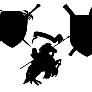May include: Black and white silhouette of a knight riding a horse with a sword and shield. The knight is holding a flag and is charging forward.