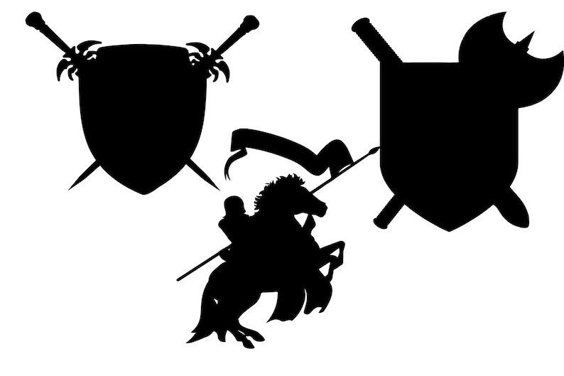May include: Black and white silhouette of a knight riding a horse with a sword and shield. The knight is holding a flag and is charging forward.
