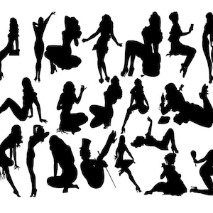 May include: Silhouettes of various women in different poses, some holding props like a microphone, a hat, and a tambourine. The silhouettes are all black against a white background.