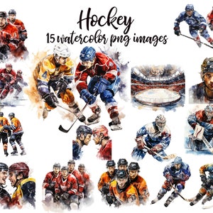 Clipart exclusivo de aquarela de hóquei, imagens esportivas de alta qualidade para projetos criativos, presente ideal para fãs de hóquei artístico