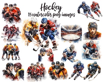 Unique Hockey Watercolor Clipart, High-Quality Sports Imagery for Creative Projects, Ideal Gift for Artistic Hockey Fans