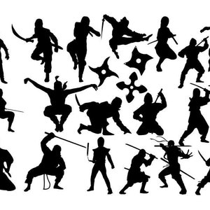 May include: Silhouettes of ninjas in various poses, some holding weapons, others throwing throwing stars. The ninjas are all in black and are set against a white background.