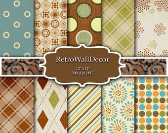 Retro digital paper retro patterns retro scrapbook paper decoupage paper digital paper pack green, orange Paper Pack 12x12 Buy 2 Get 1 FREE