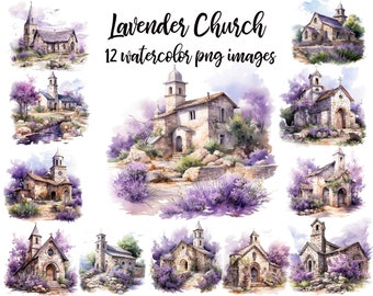 Lavender Church Clipart, Old Stone Village Church PNG, Printable art Buy 2 Get 1 Free