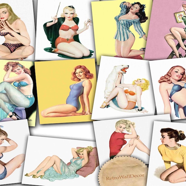 Pin Up Girls, Printable art, Retro pin up, Vintage women, Digital Collage Sheet 8.5x11 in.  Vintage Paper Craft Buy 2 Get 1 FREE