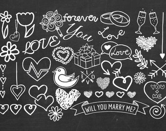 Hand Drawn Wedding Clip Art, Chalkboard Wedding Clipart , hearts, wedding rings, flourishes, doodle clip art, white clipart Buy 2 Get 1 FREE