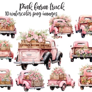 Pink farm truck, Pink truck clipart, Pink truck watercolor, Floral truck image, Vehicle watercolor, Floral truck poster, Pink truck PNG