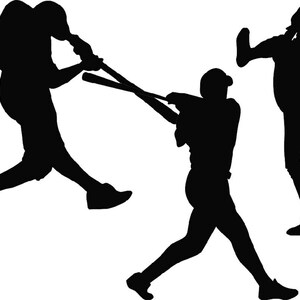 Puede incluir: Siluetas de tres jugadores de b&eacute;isbol en acci&oacute;n. Un jugador est&aacute; bateando, otro lanzando y el tercero corriendo.
