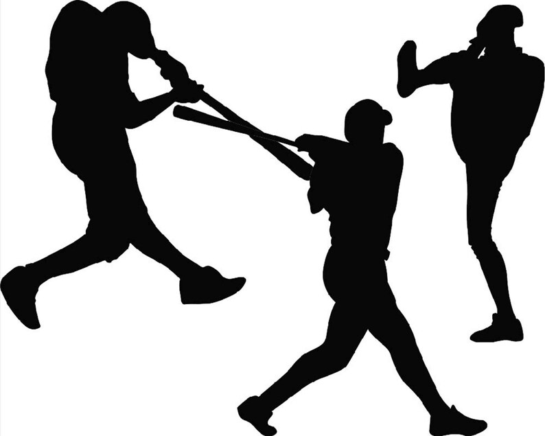Puede incluir: Siluetas de tres jugadores de b&eacute;isbol en acci&oacute;n. Un jugador est&aacute; bateando, otro lanzando y el tercero corriendo.