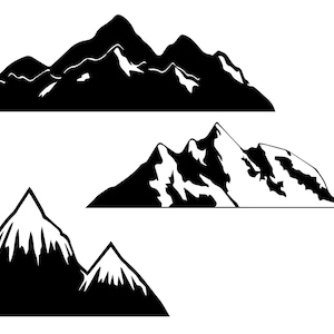 Op de afbeelding: Drie zwart-witte silhouetbeelden van bergen. De eerste afbeelding toont een groot bergketen met toppen. De tweede afbeelding toont een bergketen met besneeuwde toppen. De derde afbeelding toont een enkele berg met een besneeuwde top.