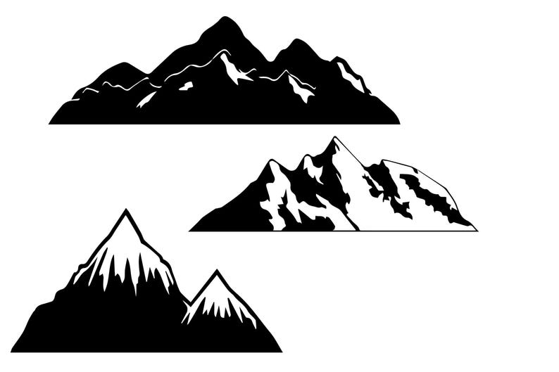 Op de afbeelding: Drie zwart-witte silhouetbeelden van bergen. De eerste afbeelding toont een groot bergketen met toppen. De tweede afbeelding toont een bergketen met besneeuwde toppen. De derde afbeelding toont een enkele berg met een besneeuwde top.