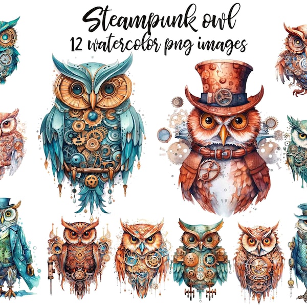 Steampunk owl, Watercolor clipart, Steampunk owl PNG, Owl clipart, Junk journal animal, Watercolor owl, Owl illustration Buy 2 Get 1 FREE