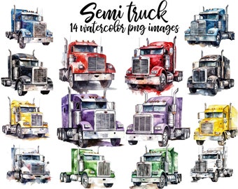 Watercolor Semi Truck Clipart: 14 PNG Images (Digital Download)