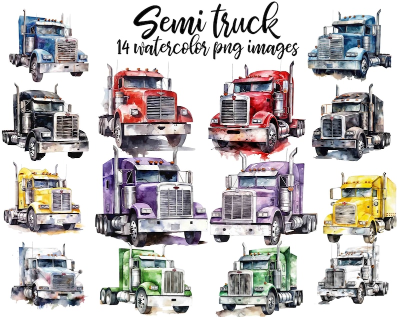 Watercolor Semi Truck Clipart: 14 PNG Images (Digital Download) image 1