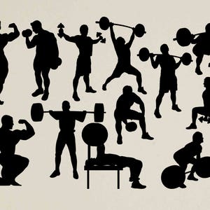 May include: Silhouettes of people lifting weights and barbells in a gym setting. The image shows various poses and exercises, including squats, deadlifts, and bench presses.