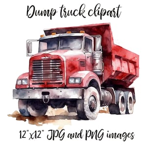 May include: A red dumper truck with a white cab and a black grille. The truck is 12 inches by 12 inches and is available in JPG and PNG formats.