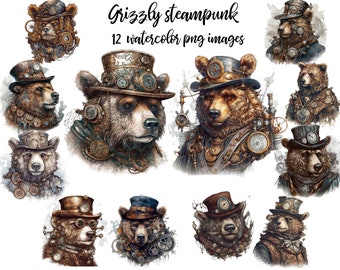 Steampunk Grizzly Clipart, Vintage Industrial Bear Images for DIY Crafts Buy 2 Get 1 FREE