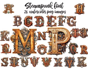 Czcionka Steampunk: Vintage Watercolor Alphabet PNG (pobieranie cyfrowe)