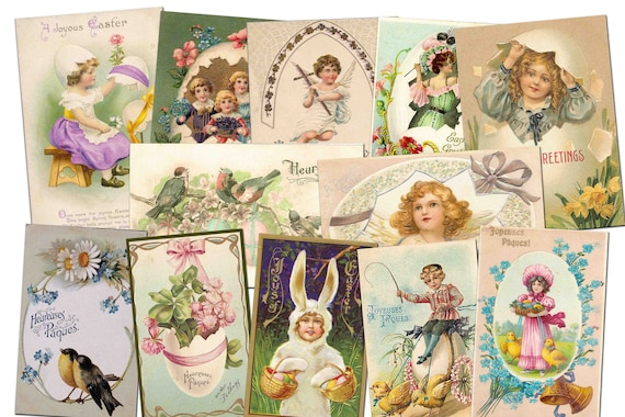 Vintage Easter Card Set: Antique Illustration Clipart (Digital Download)