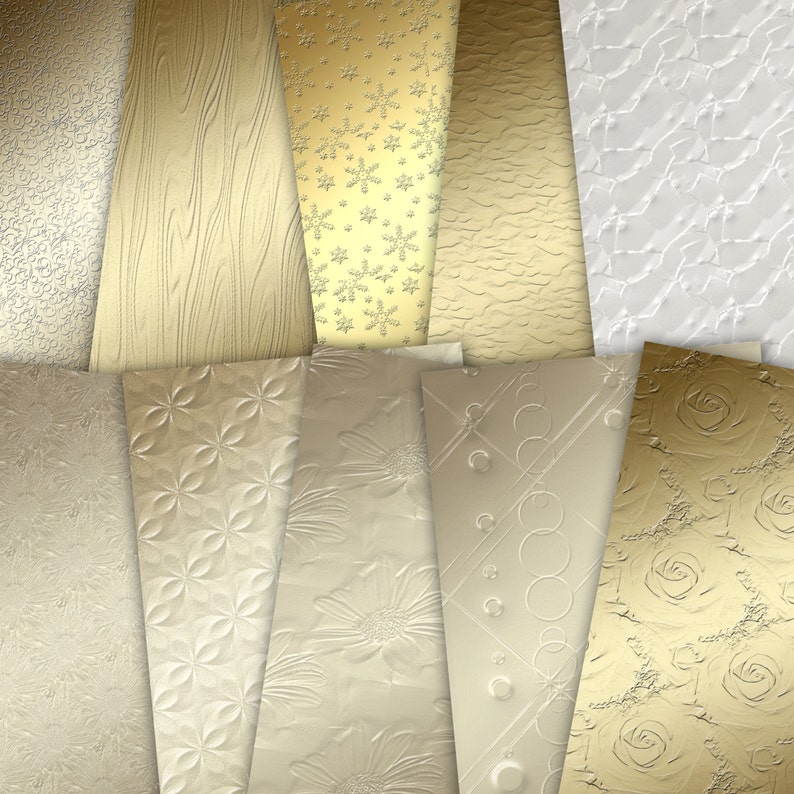 May include: A collection of 10 embossed paper sheets in various patterns, including snowflakes, flowers, circles, and geometric designs. The paper is a light gold color.