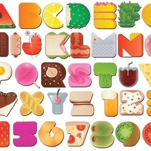 Fuente decorativa, fuente de alimentos, fuente efímera, imágenes prediseñadas del alfabeto, fuente digital, conjunto de imágenes prediseñadas del alfabeto, fuente de frutas Compre 2 y obtenga 1 GRATIS