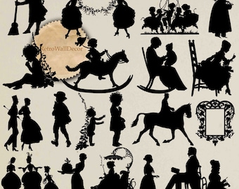 Victorian Silhouette Clip Art: Family & Children (SVG, PNG) (Digital Download)